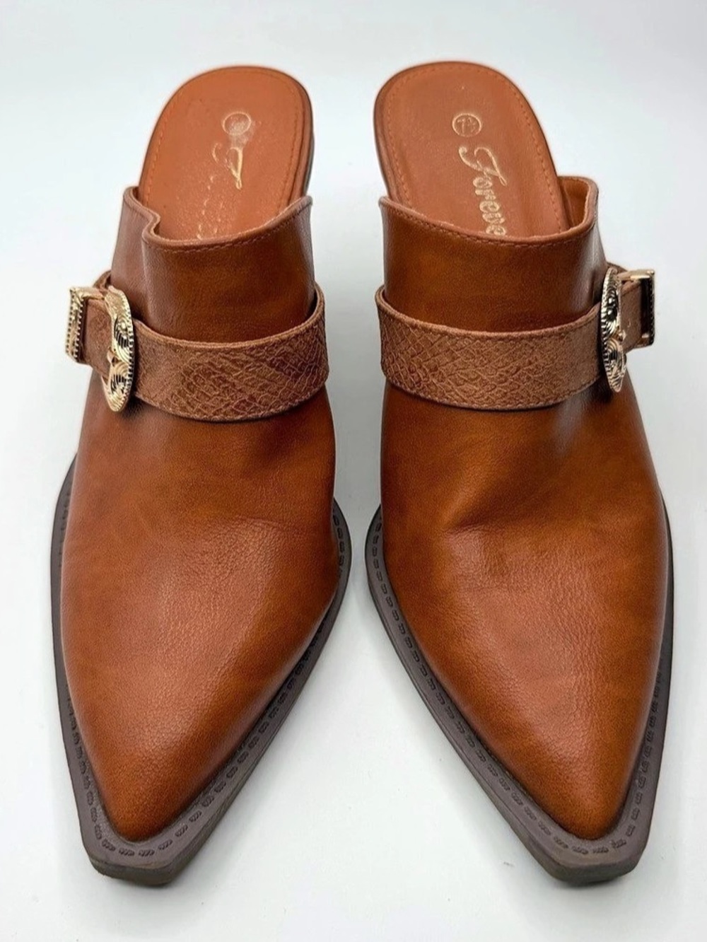 Forever Pointed Toe Buckle Mules in Brown US 7.5, UK 5.5